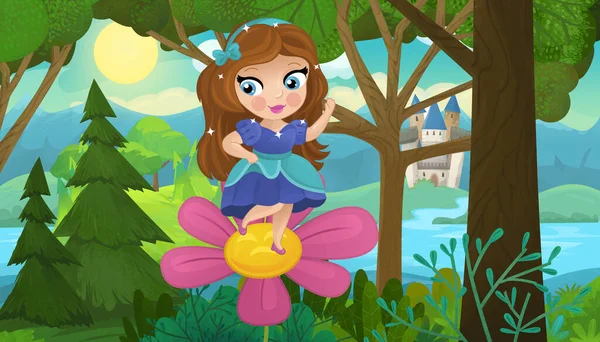 卡通片场景 自然森林公主和城堡儿童插图 — 图库照片