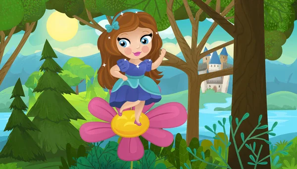 Cartoon Szene Mit Naturwaldprinzessin Und Burgillustration Für Kinder — Stockfoto