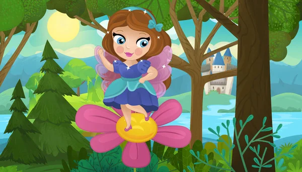 Cartoon Szene Mit Naturwaldprinzessin Und Burgillustration Für Kinder — Stockfoto