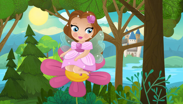 cartoon scene with nature forest princess and castle illustration for children