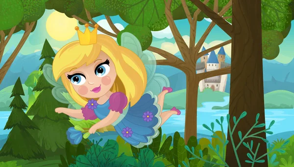 自然の森の姫と城のイラストが描かれた漫画シーン — ストック写真