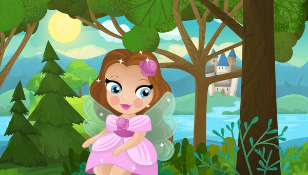 Scène Dessin Animé Avec Princesse Forêt Naturelle Illustration Château Pour — Photo