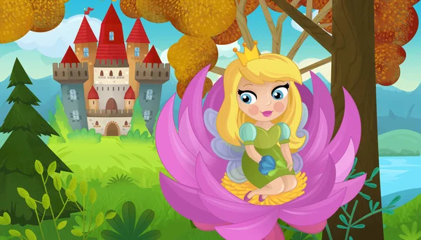 Cartoon Scene Nature Forest Princess Castle Illustration Children — Stock Photo, Image