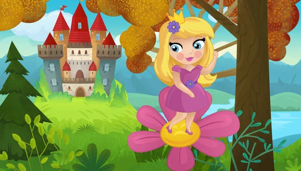 Cartoon Szene Mit Naturwaldprinzessin Und Burgillustration Für Kinder — Stockfoto