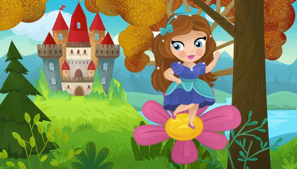 Scena Del Fumetto Con Natura Foresta Principessa Castello Illustrazione Bambini — Foto Stock