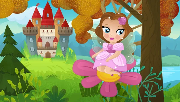 Cartoon Scene Met Natuur Bos Prinses Kasteel Illustratie Voor Kinderen — Stockfoto