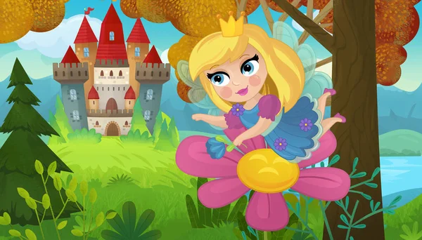 Cartoon Scene Met Natuur Bos Prinses Kasteel Illustratie Voor Kinderen — Stockfoto