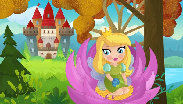 Cartoon Scene Nature Forest Princess Castle Illustration Children — Stock Photo, Image