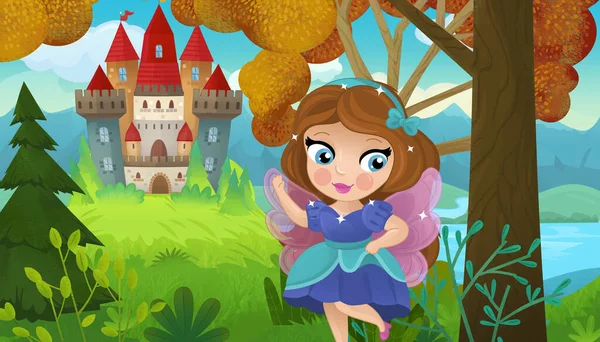 Cartoon Scene Met Natuur Bos Prinses Kasteel Illustratie Voor Kinderen — Stockfoto