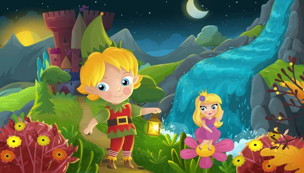 卡通片场景 自然森林公主 精灵王子和城堡儿童插图 — 图库照片