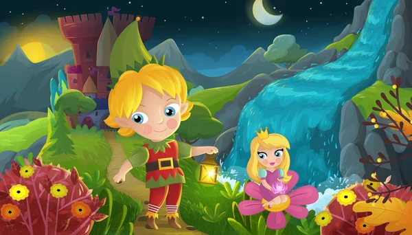 卡通片场景 自然森林公主 精灵王子和城堡儿童插图 — 图库照片