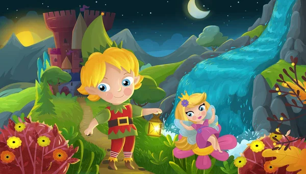 Cartoon Scene Met Natuur Bos Prinses Elf Prins Kasteel Illustratie — Stockfoto