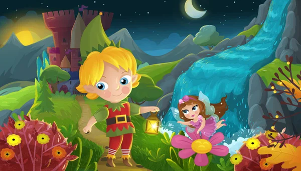 Cartoon Scene Met Natuur Bos Prinses Elf Prins Kasteel Illustratie — Stockfoto