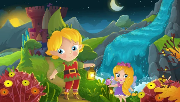大自然の森のプリンセスとエルフの王子と城のイラストが描かれた漫画シーン — ストック写真