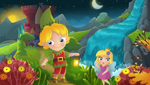 Cartoon Scene Nature Forest Princess Elf Prince Castle Illustration Children — Stockfoto