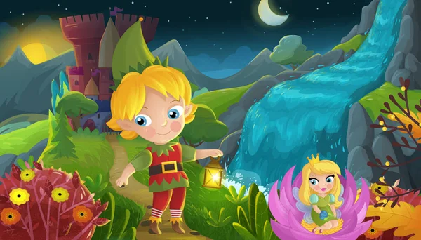 Cartoon Scene Nature Forest Princess Elf Prince Castle Illustration Children — Stock Photo, Image