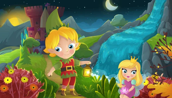 Cartoon Scene Nature Forest Princess Elf Prince Castle Illustration Children — Stockfoto