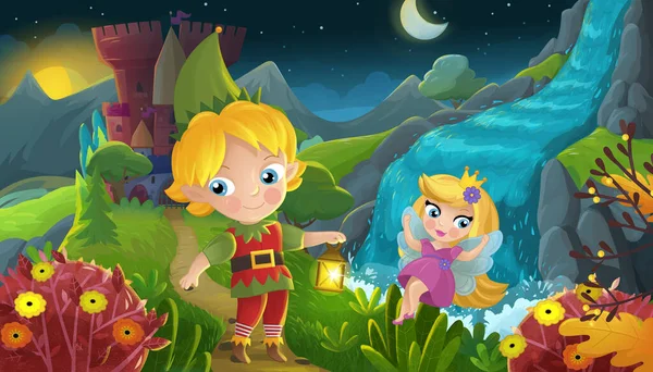 Cartoon Scene Met Natuur Bos Prinses Elf Prins Kasteel Illustratie — Stockfoto