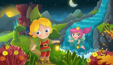 Doğa Ormanı Prensesi ve Elf Prensi ile çizgi film sahnesi ve çocuklar için kale çizimi