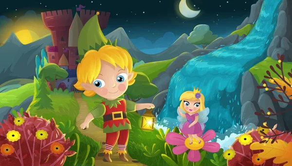 Cartoon Scene Met Natuur Bos Prinses Elf Prins Kasteel Illustratie — Stockfoto