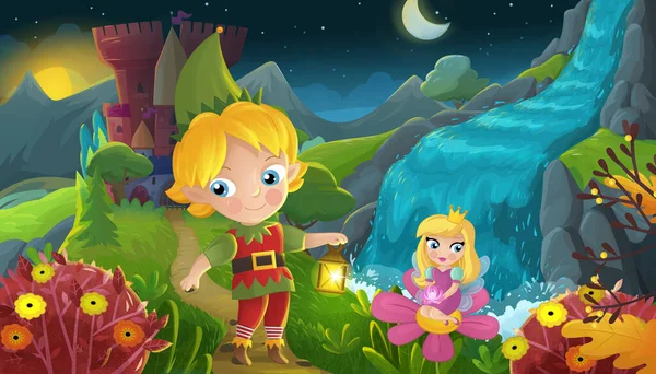 Cartoon Scene Nature Forest Princess Elf Prince Castle Illustration Children — Stock Photo, Image