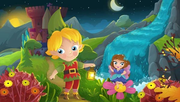 Cartoon Scene Nature Forest Princess Elf Prince Castle Illustration Children — Stock Photo, Image