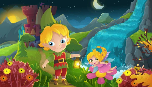 Cartoon Szene Mit Naturwaldprinzessin Und Elfenprinz Und Burgillustration Für Kinder — Stockfoto