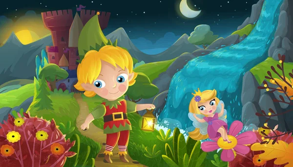 Cartoon Scene Nature Forest Princess Elf Prince Castle Illustration Children — Stock Photo, Image