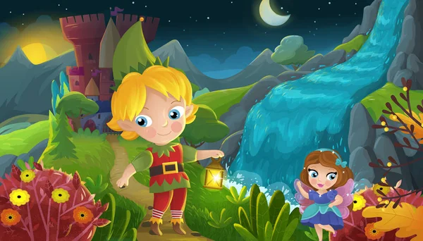 Cartoon Scene Nature Forest Princess Elf Prince Castle Illustration Children — Stock Photo, Image