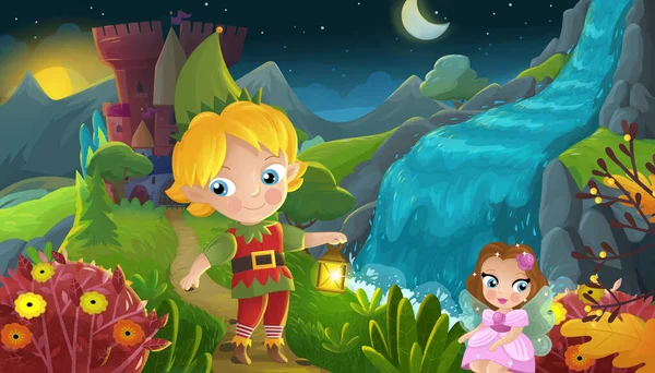 Cartoon Scene Nature Forest Princess Elf Prince Castle Illustration Children — Stockfoto