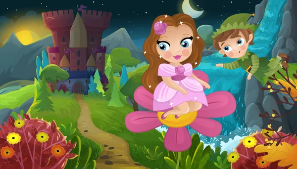 Cartoon Szene Mit Naturwaldprinzessin Und Burgillustration Für Kinder — Stockfoto