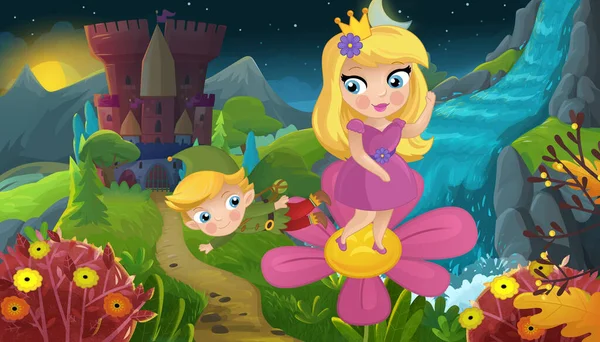 自然の森の姫と城のイラストが描かれた漫画シーン — ストック写真