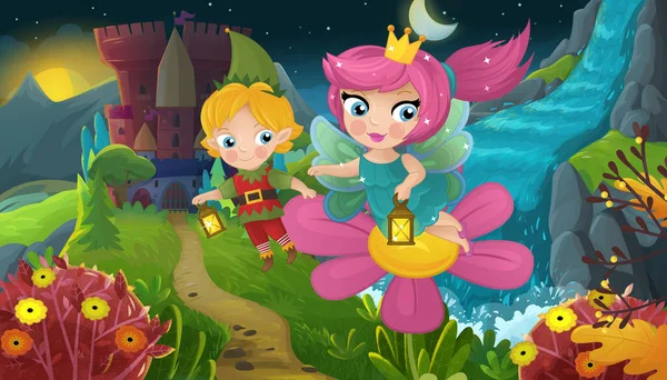 Cartoon Szene Mit Naturwaldprinzessin Und Burgillustration Für Kinder — Stockfoto