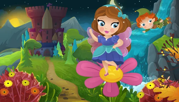 Cartoon Szene Mit Naturwaldprinzessin Und Burgillustration Für Kinder — Stockfoto