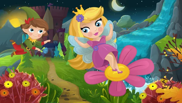 Cartoon Scene Met Natuur Bos Prinses Kasteel Illustratie Voor Kinderen — Stockfoto