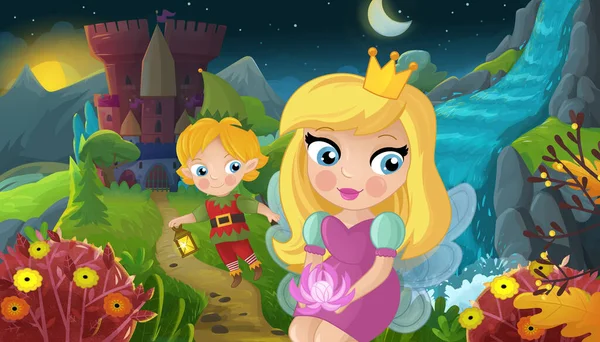 Cartoon Szene Mit Naturwaldprinzessin Und Burgillustration Für Kinder — Stockfoto