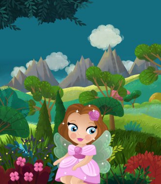 çizgi film mutlu masal sahnesi doğa ormanı ve çocuklar için komik elf çizimi