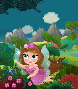 çizgi film mutlu masal sahnesi doğa ormanı ve çocuklar için komik elf çizimi