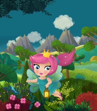 çizgi film mutlu masal sahnesi doğa ormanı ve çocuklar için komik elf çizimi