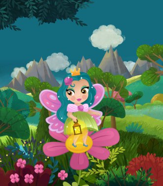 çizgi film mutlu masal sahnesi doğa ormanı ve çocuklar için komik elf çizimi