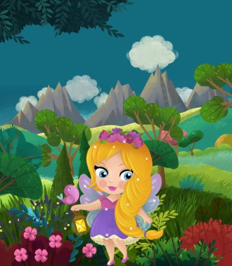 çizgi film mutlu masal sahnesi doğa ormanı ve çocuklar için komik elf çizimi