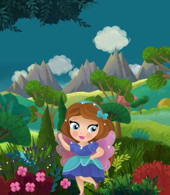 çizgi film mutlu masal sahnesi doğa ormanı ve çocuklar için komik elf çizimi