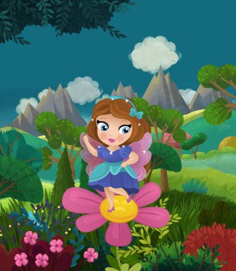 çizgi film mutlu masal sahnesi doğa ormanı ve çocuklar için komik elf çizimi