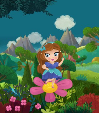 çizgi film mutlu masal sahnesi doğa ormanı ve çocuklar için komik elf çizimi