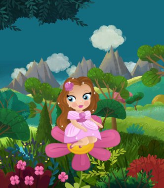 çizgi film mutlu masal sahnesi doğa ormanı ve çocuklar için komik elf çizimi