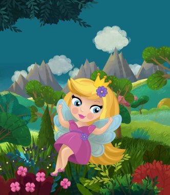 çizgi film mutlu masal sahnesi doğa ormanı ve çocuklar için komik elf çizimi