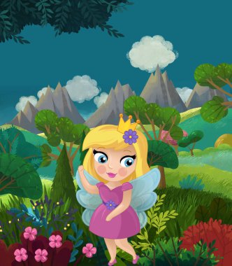 çizgi film mutlu masal sahnesi doğa ormanı ve çocuklar için komik elf çizimi