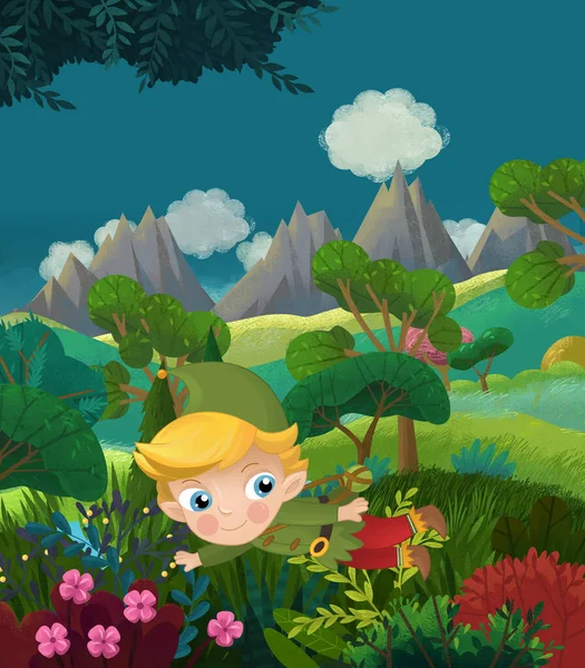 Cartoon Happy Fairy Tale Scene Nature Forest Funny Elf Illustration — Fotografia de Stock