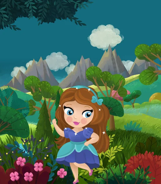 çizgi film mutlu masal sahnesi doğa ormanı ve çocuklar için komik elf çizimi