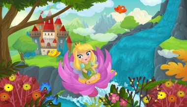 Şelalenin yanında şirin bir elf ve çocuklar için bir kale çizimi.